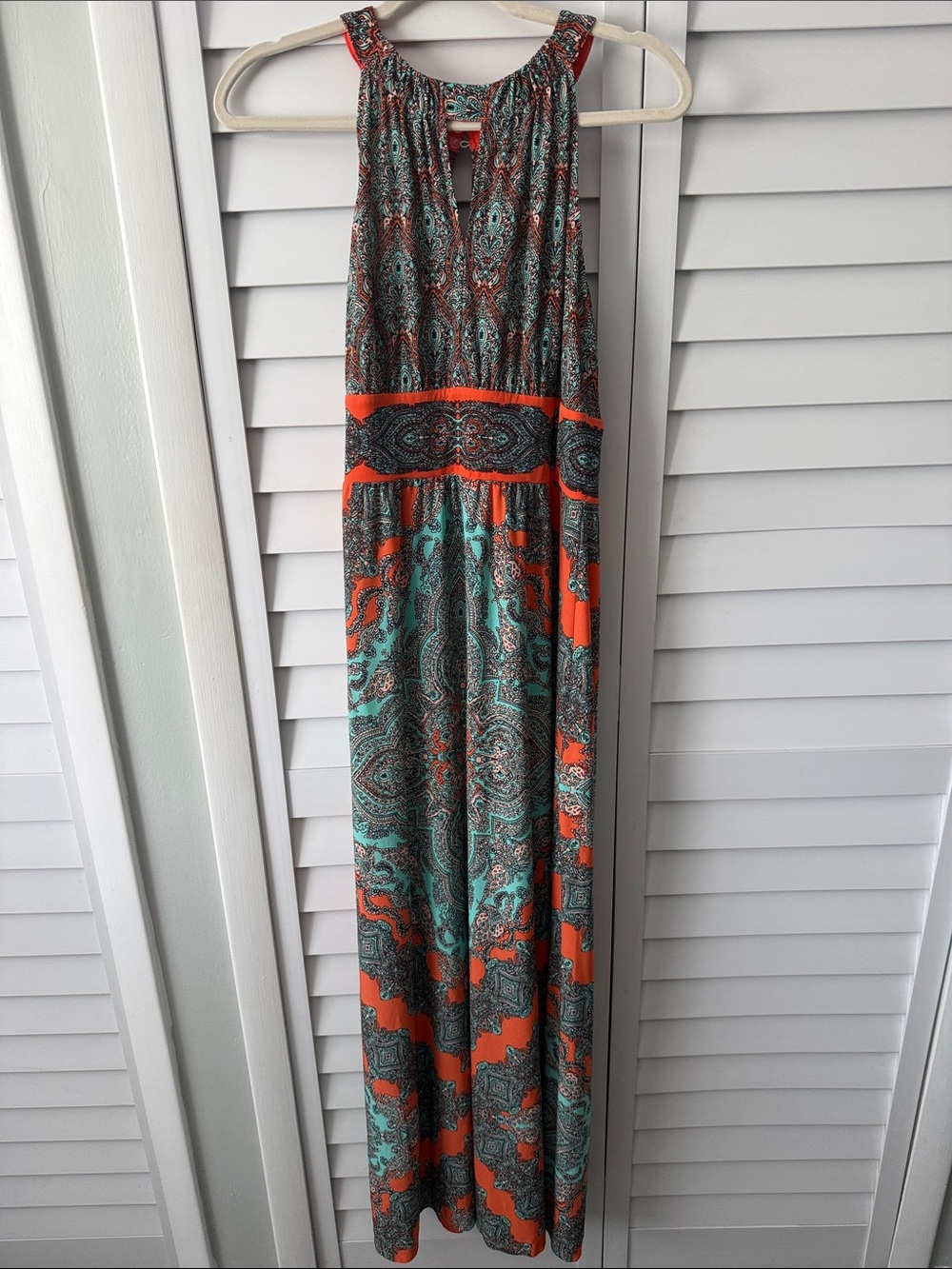London Times Orange and Teal Paisley Halter Maxi Dress